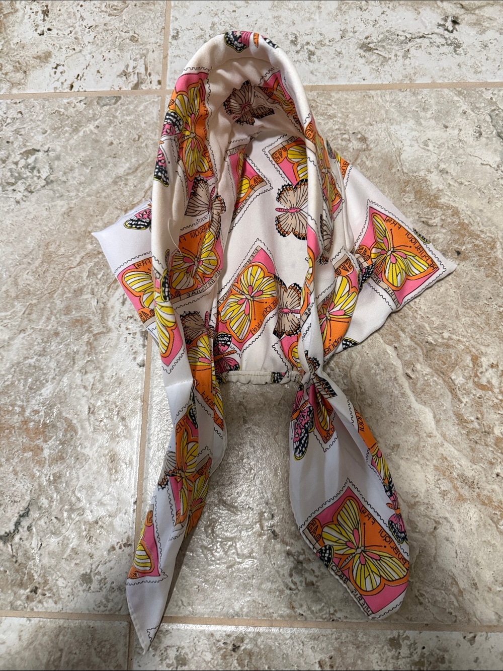 1970’s Silky Butterfly Print Headscarf - Pink & Orange
